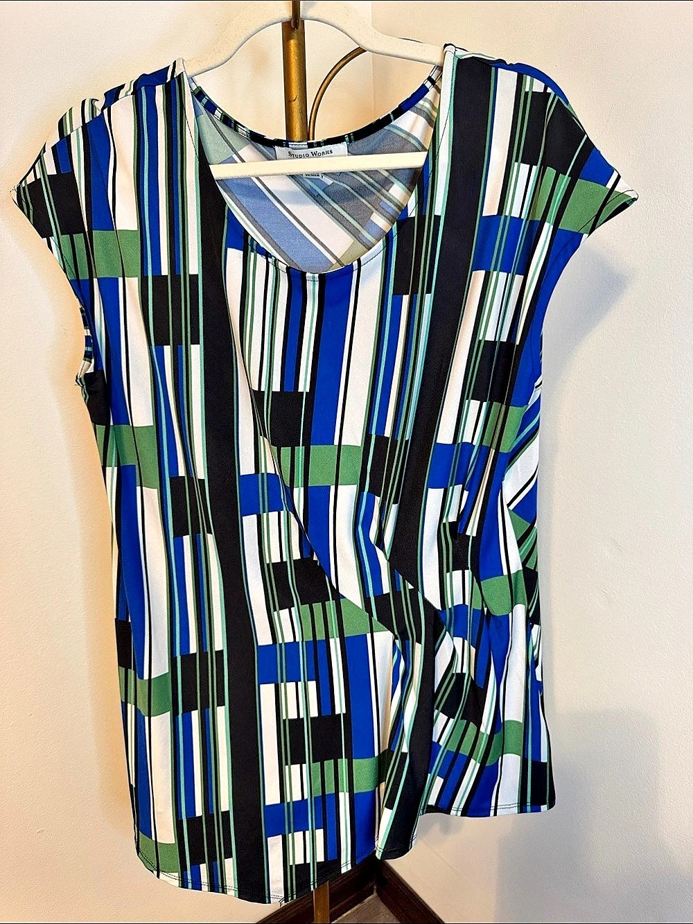 Studio Works Geometric Short Sleeve Blouse Blue Green XL Like New